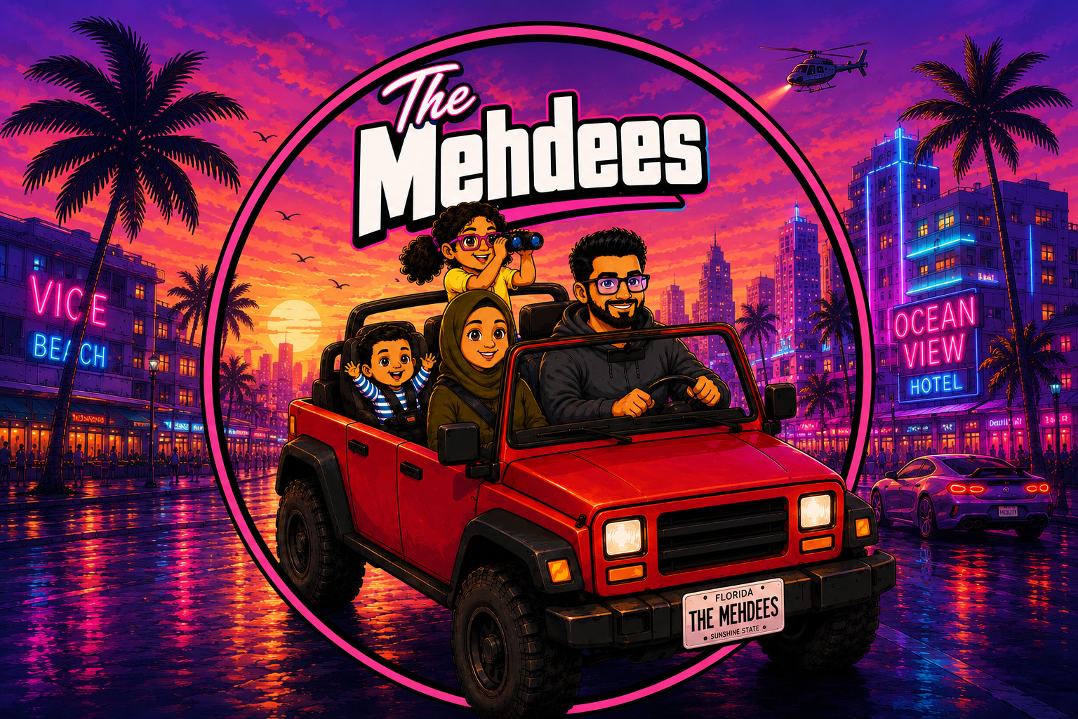 The Mehdees channel artwork: the family in a red jeep on a neon Florida night